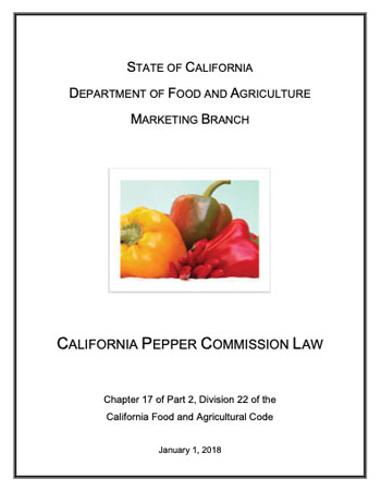 The cover of the California Pepper Commision Law PDF which shows a picture of peppers on it.